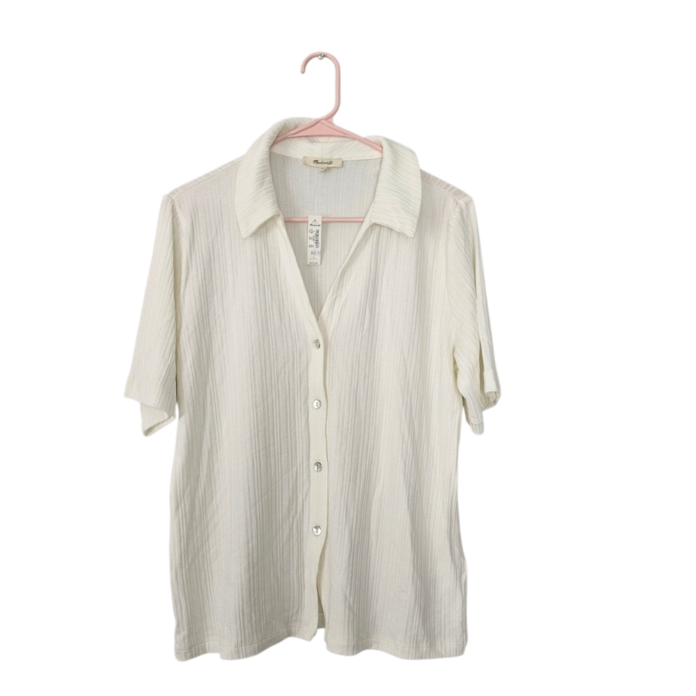 NWT Madewell White Ribbed Front Buttons Short Sleeve Button Down Shirt Size XL